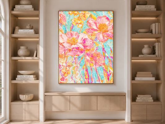 Mosaic Flower Wall Art, Pink and Turquoise Floral Print, Mediterranean Tile Style Painting, Colorful Summer Decor, Printable Download