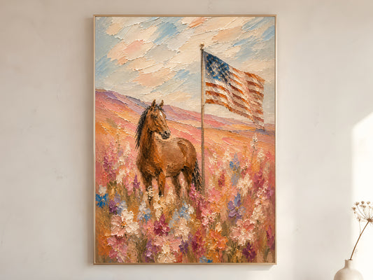 Western patriotic horse and American flag impasto oil painting print in a gold frame leaning against a warm white wall with dried botanicals, showing the full painting with terracotta and lavender rolling hills, pink wildflowers, chestnut horse, and chalky pastel sky

