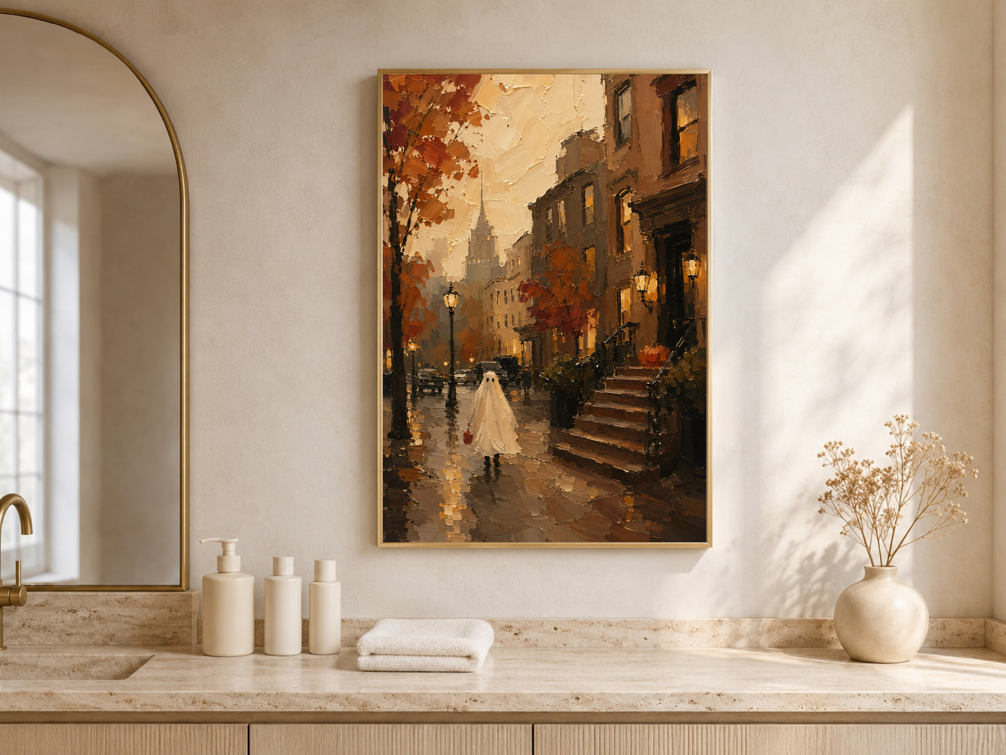 Vanity nook with the brownstone Halloween print above a wood desk, stool, and fresh flowers