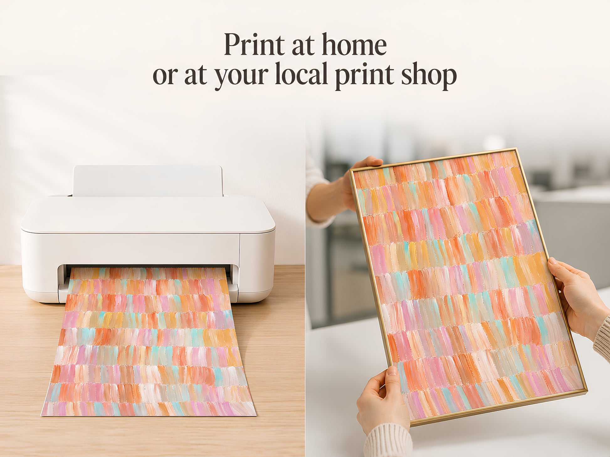 Print at home or at your local print shop lifestyle image with colorful abstract art being printed
