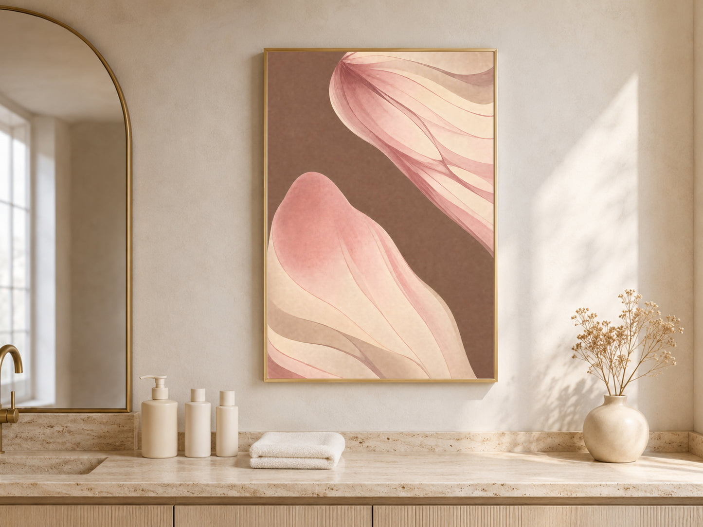 Mocha ribbon abstract print above a bathroom vanity with warm wood cabinetry
