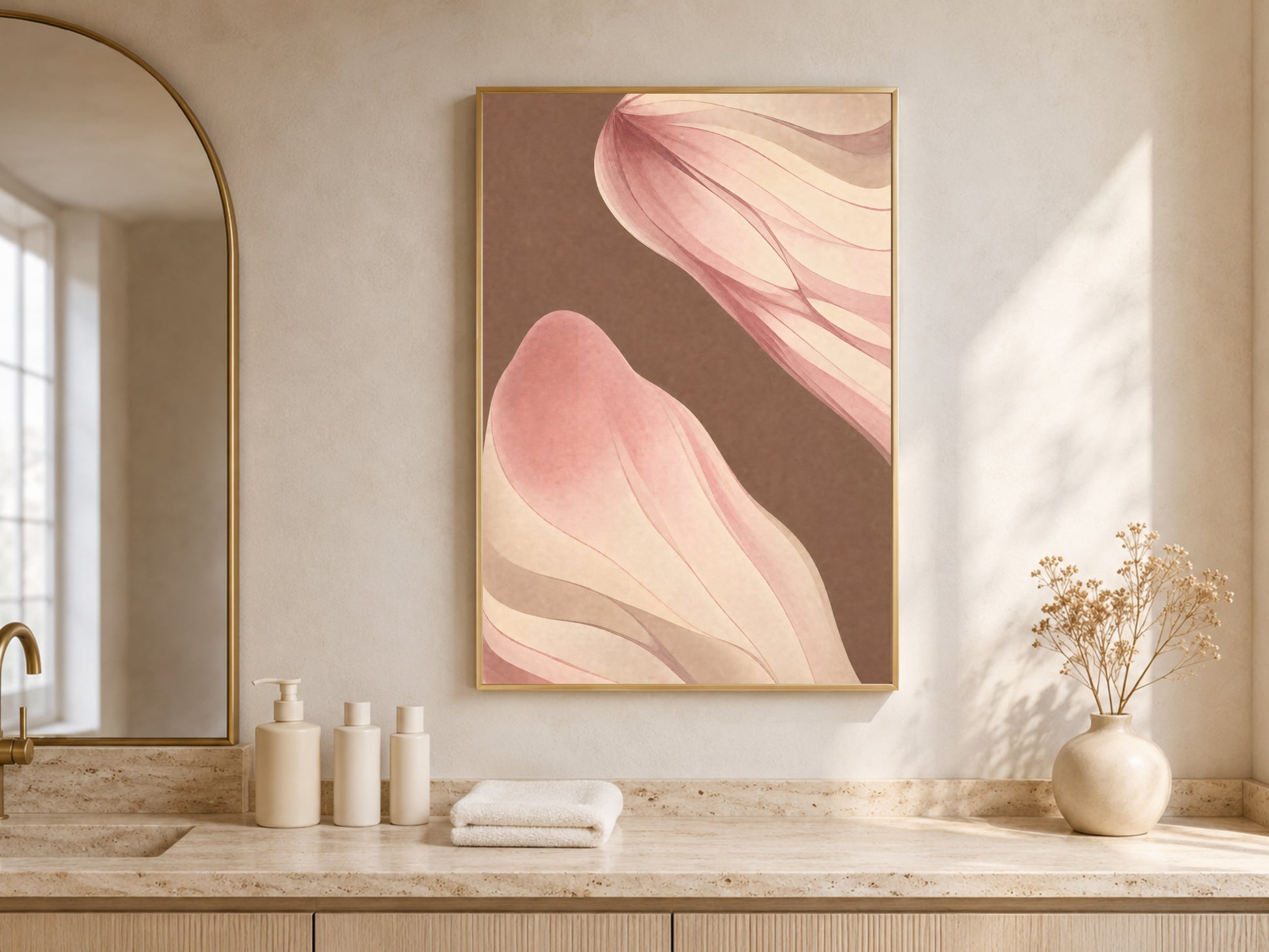 Mocha ribbon abstract print above a bathroom vanity with warm wood cabinetry
