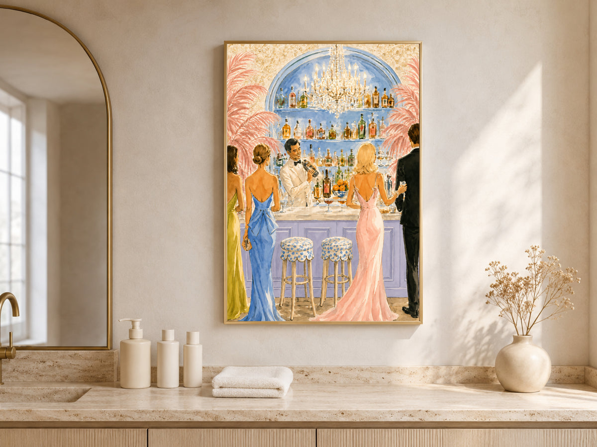 Riviera Cocktail Bar Wall Art, Preppy Pink Watercolor Print - Digital Download