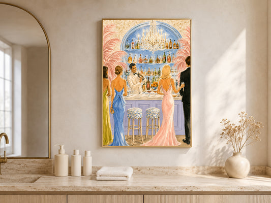 Riviera Cocktail Bar Wall Art, Preppy Pink Watercolor Print - Digital Download