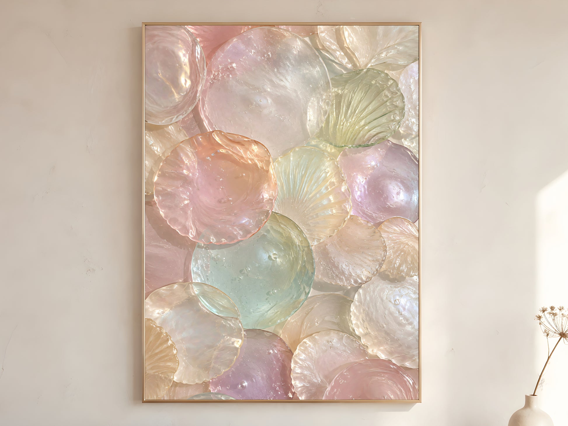 Murano Glass Shell Wall Art Printable, Mother of Pearl Coastal Decor, Pastel Pink Seafoam and Lavender Abstract Artwork