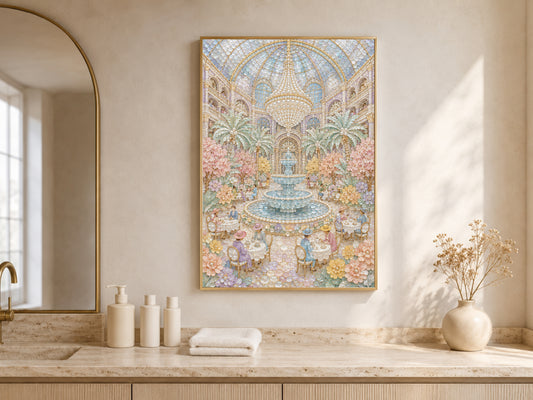 Pastel Garden Courtyard Wall Art, Whimsical Mosaic Fountain Print - Digital Download