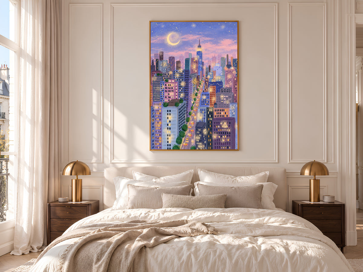 New York City at Night Print, Purple and Pink NYC Skyline Illustration with Moon and Yellow Taxis, Whimsical City Decor, Digital Download