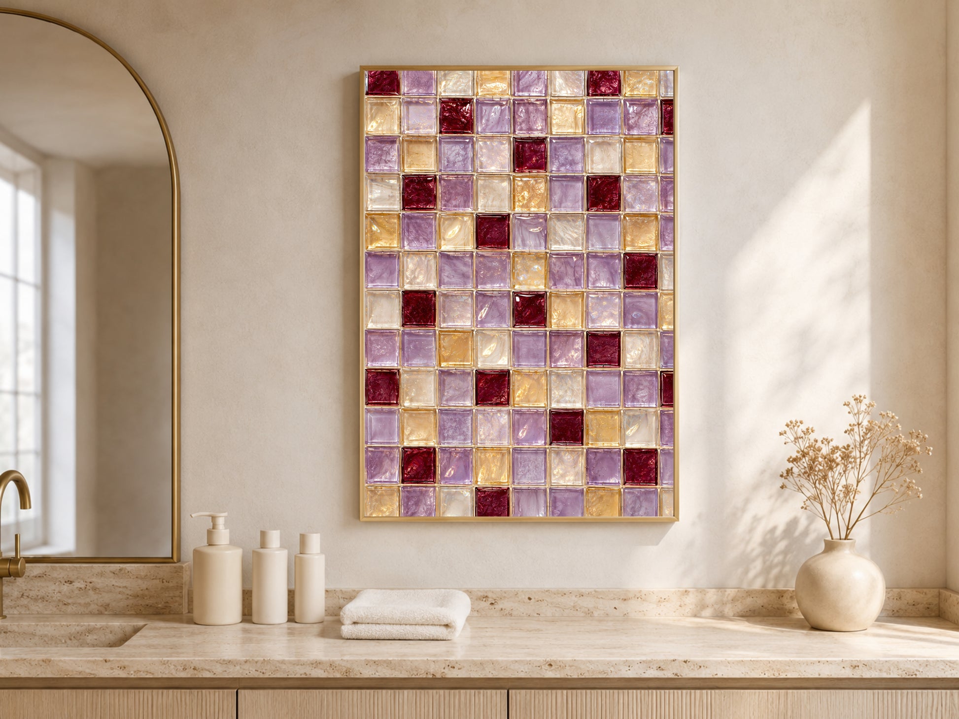 Lavender gold burgundy mosaic wall art print framed above a bathroom vanity in a sunlit room