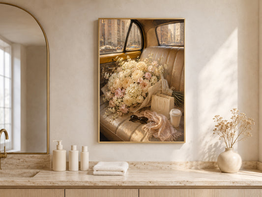 Flower Bouquet Wall Art, Old Money Aesthetic Print, Vintage Taxi Painting - Digital Download