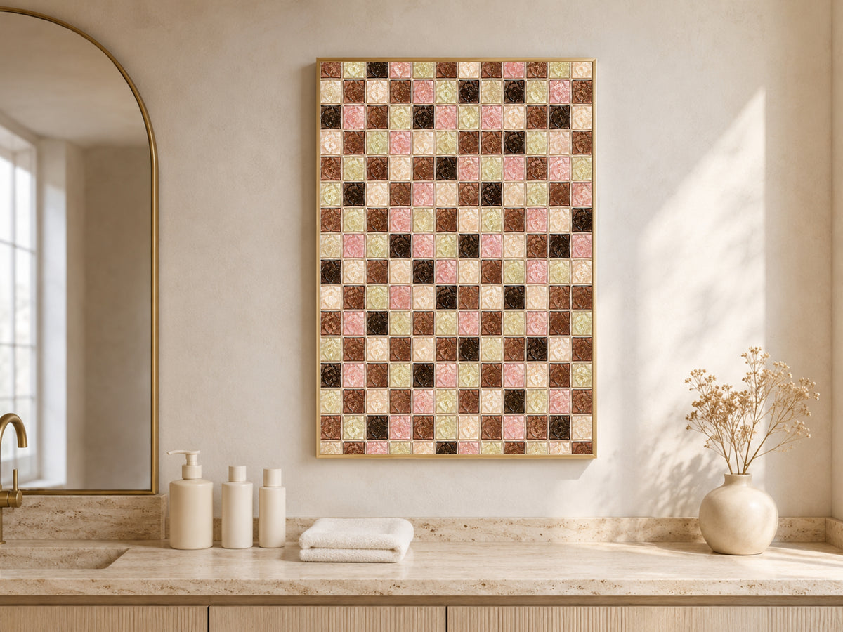 Chocolate sage mosaic wall art framed above a bathroom counter with candles and neutral decor