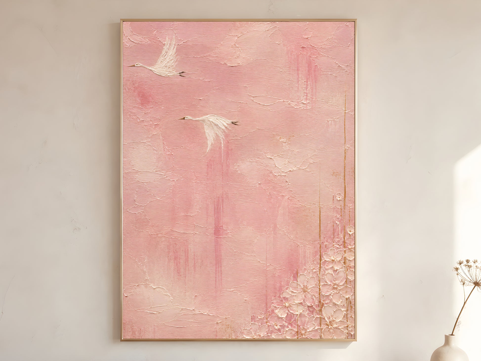 Chinoiserie crane wall art print in gold frame, pink impasto bird painting digital download
