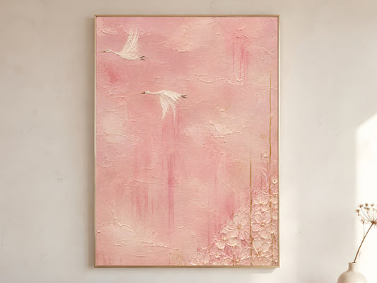 Chinoiserie crane wall art print in gold frame, pink impasto bird painting digital download
