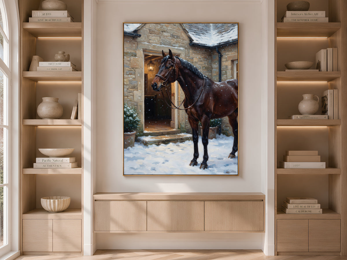 Equestrian Wall Art, Horse in Snow Oil Painting Print - Digital Download
