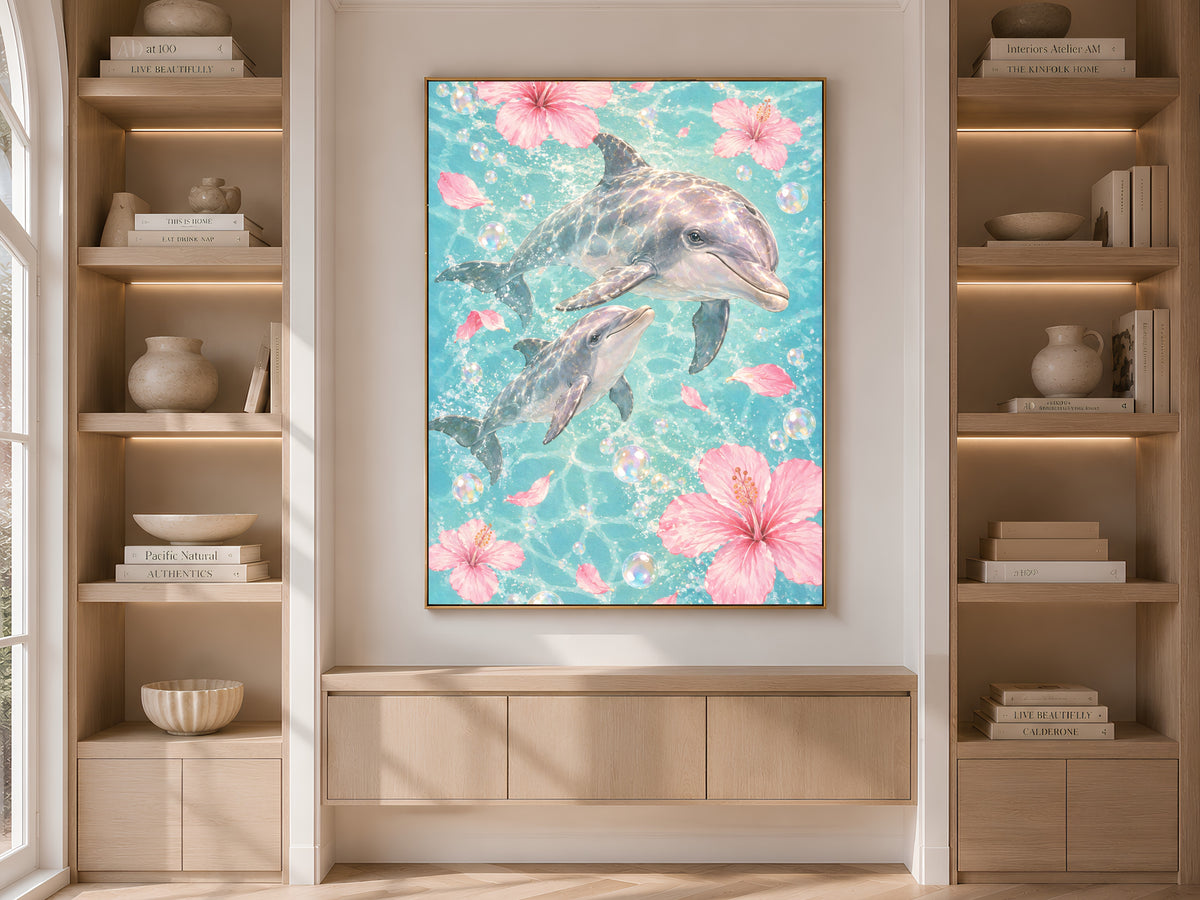 Dolphin Watercolor Wall Art, Mother Baby Dolphin Print - Digital Download