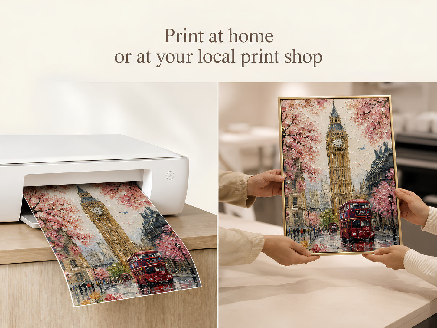 Print at home or at your local print shop lifestyle slide showing hands pulling the London cherry blossom Big Ben art print from a white home printer
