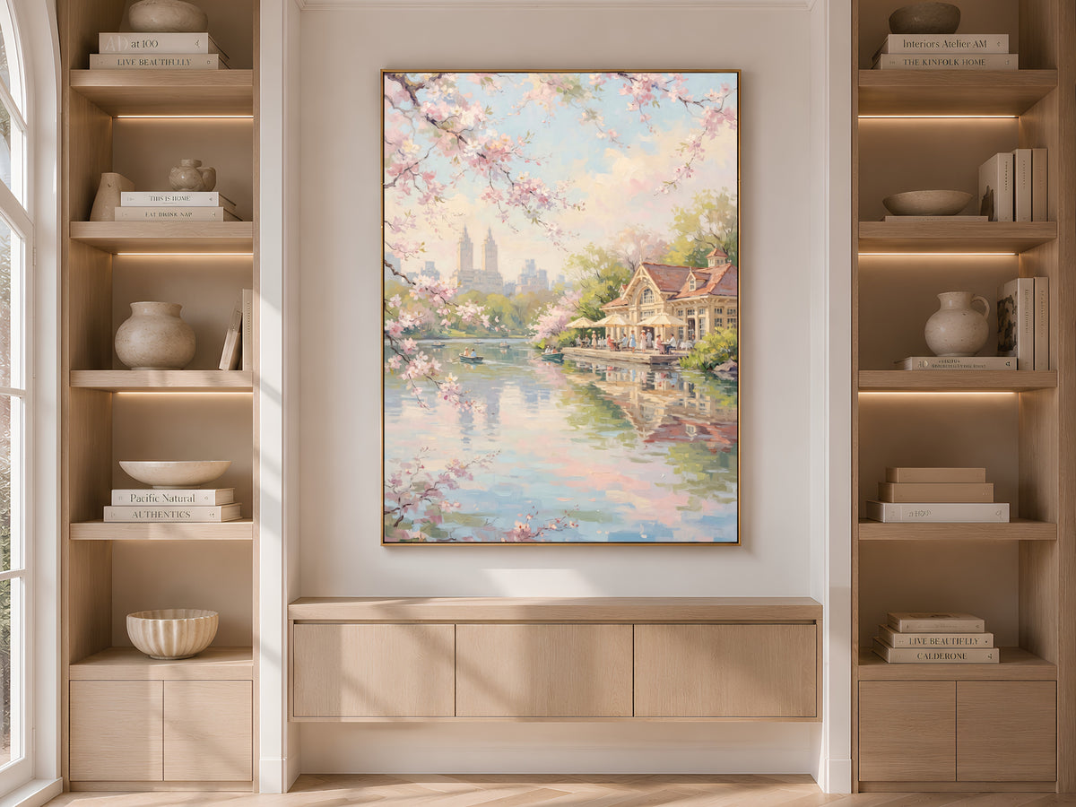 Central Park Cherry Blossom Wall Art, Boathouse Oil Painting Print - Digital Download