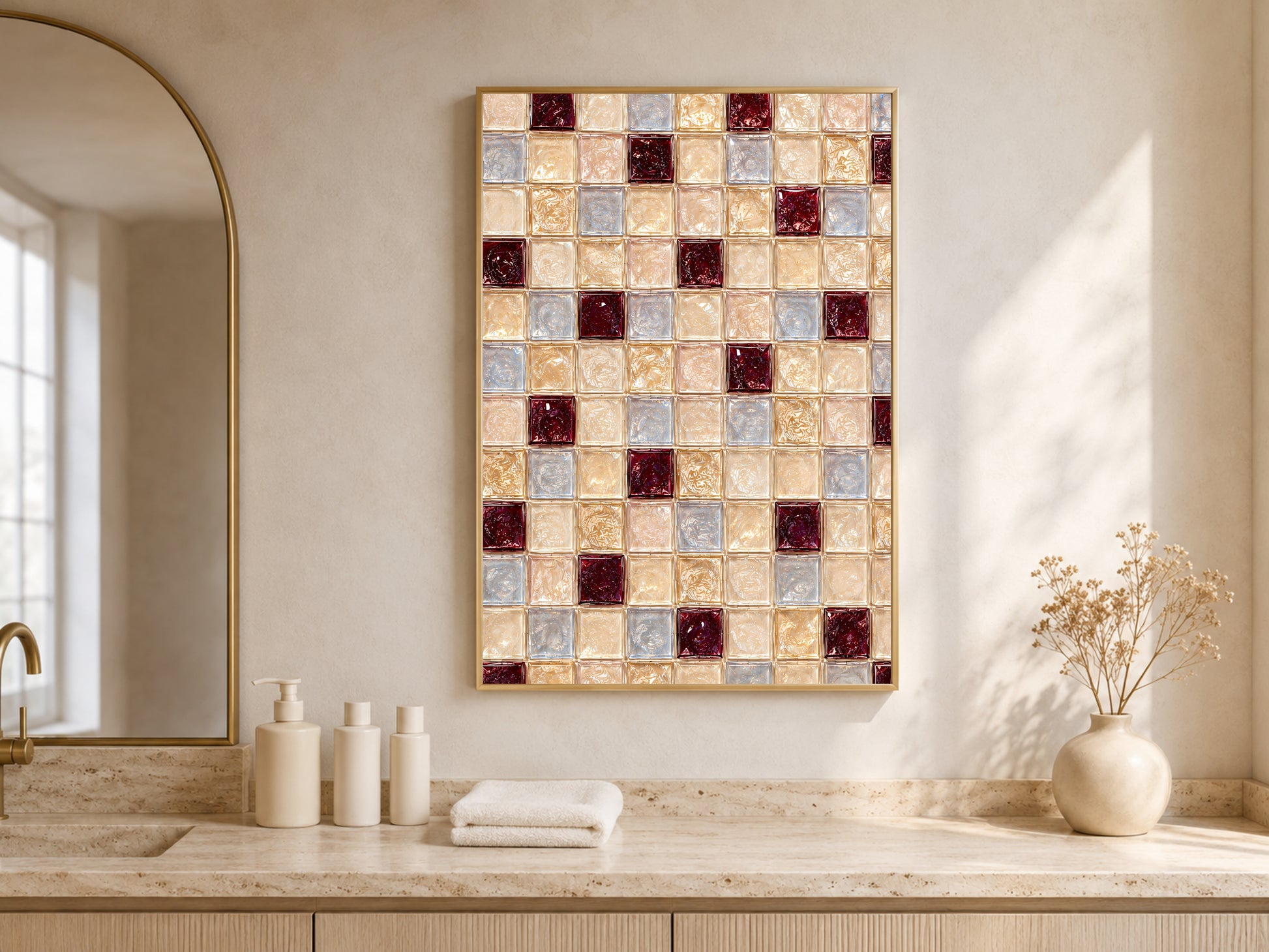 Framed glass tile checkerboard print on a bathroom vanity counter with candles