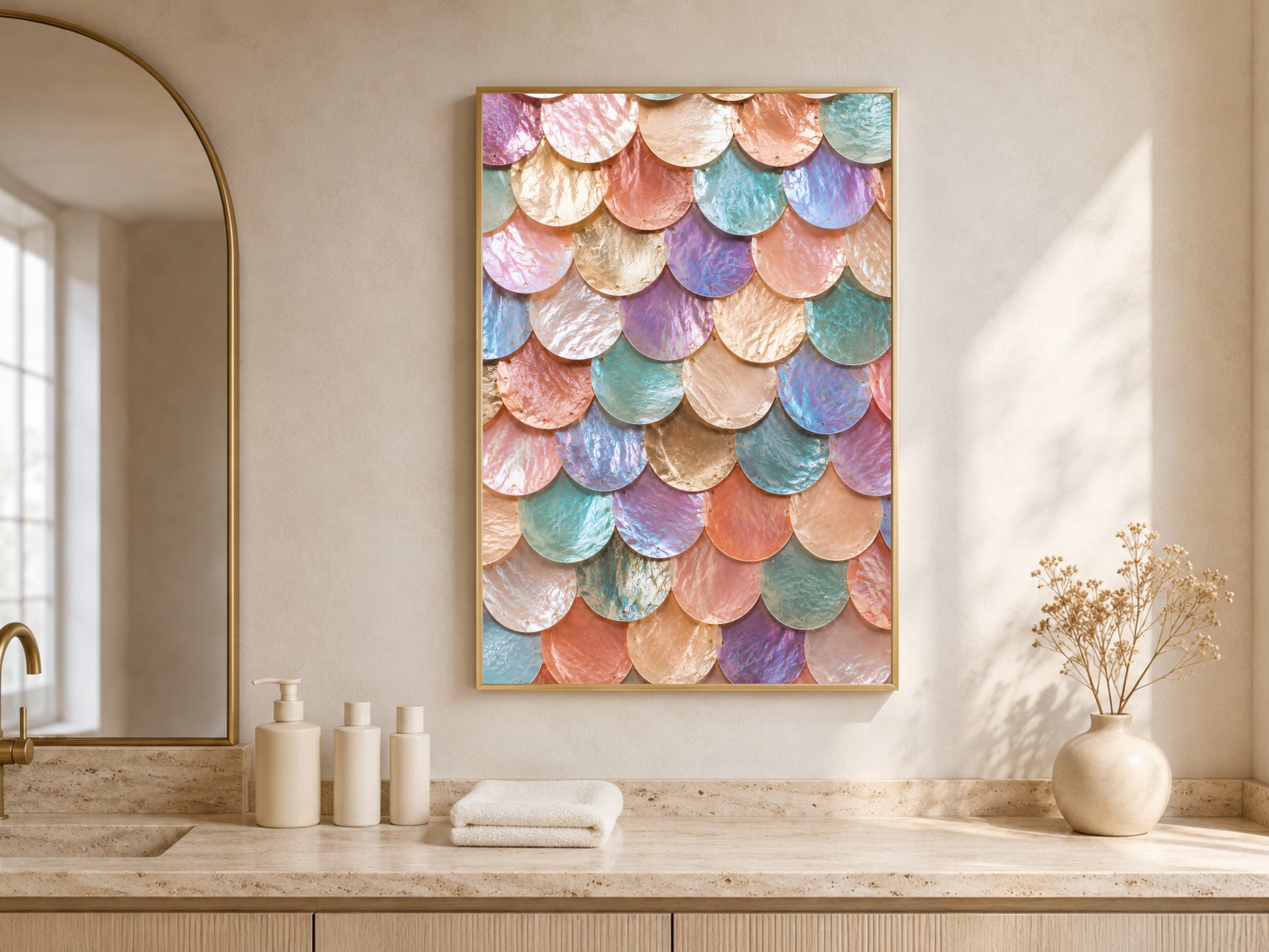 Rainbow iridescent mermaid scale wall art framed above a bathroom vanity with arched mirror