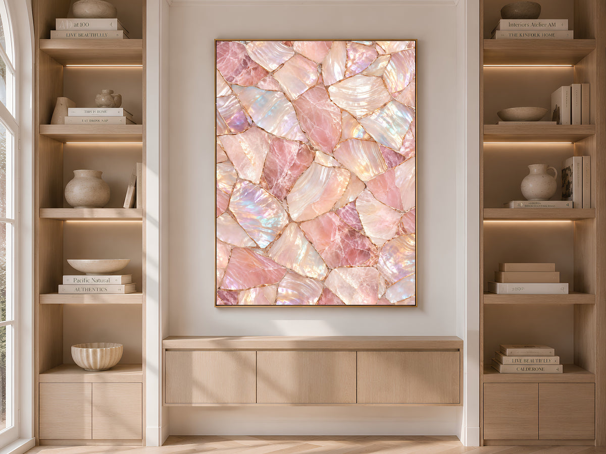 Rose Quartz Wall Art, Pink Mother of Pearl Print, Blush Crystal Mosaic, Glam Bedroom Decor, Feminine Iridescent Poster, Instant Download