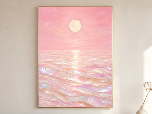 Pink capiz shell ocean wall art in gold frame on neutral wall beside dried flowers

