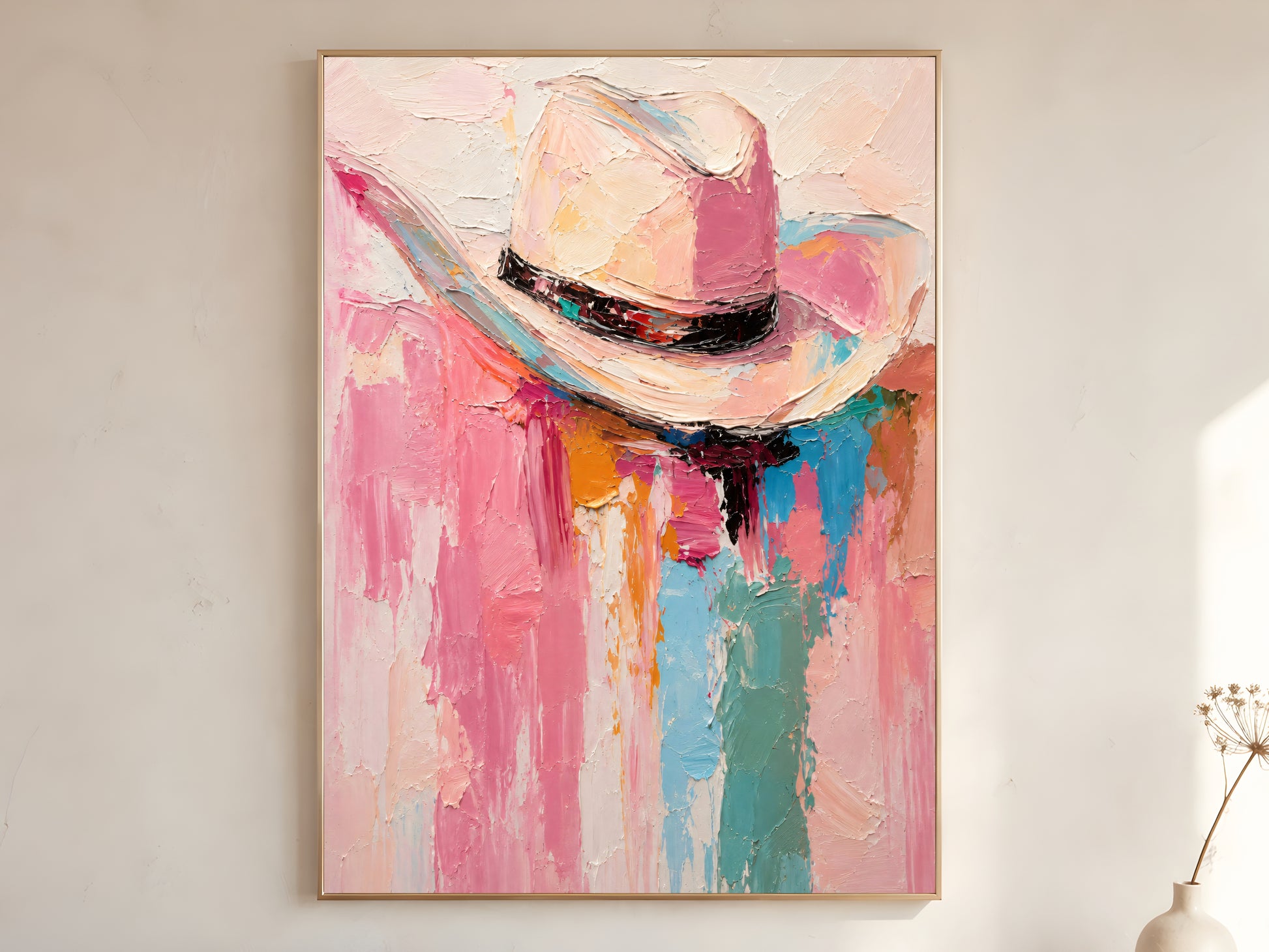 Large framed impasto cowgirl hat wall art in gold frame leaning against white wall with dried botanicals in bright minimal room
