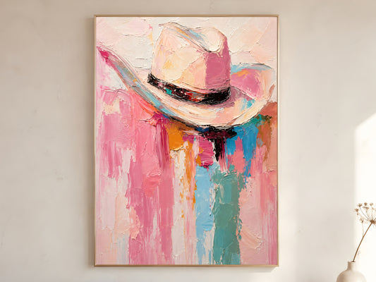 Large framed impasto cowgirl hat wall art in gold frame leaning against white wall with dried botanicals in bright minimal room
