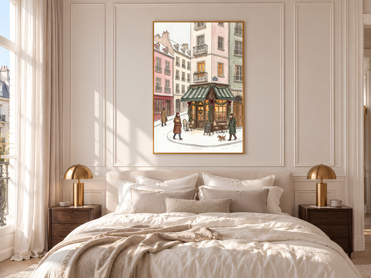 Snowy Paris Cafe Print, Christmas Bistro Watercolor, Winter Street Scene, Holiday Digital Download