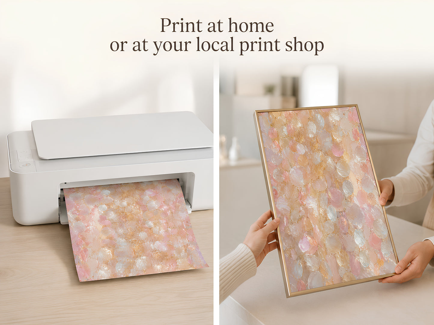 Print at home or at your local print shop slide showing hands holding the capiz shell print beside a white home printer
