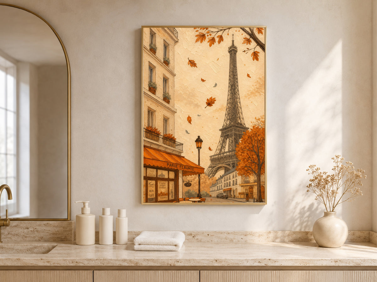 Paris cafe autumn wall art with Eiffel Tower above a bathroom vanity