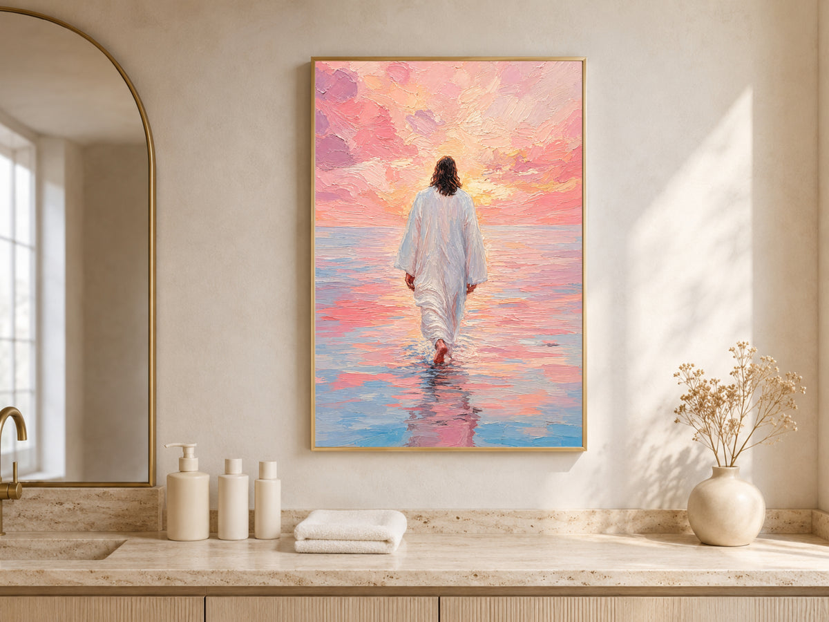 Jesus walking on water wall art above a sunlit kitchen counter