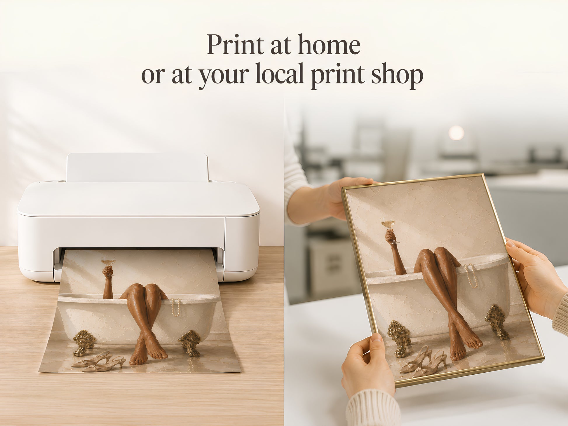 Print at home or at your local print shop lifestyle slide showing hands pulling a printed bath art image from a white home printer