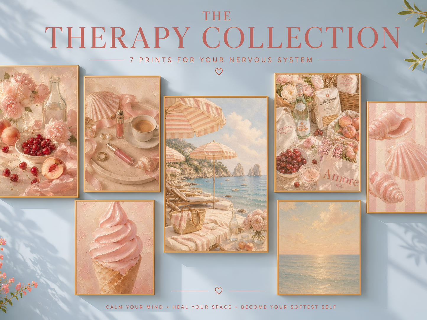 Therapy Collection wall art set mockup, pink coastal Italy printable art bundle, feminine gallery wall, soft girl apartment decor, quiet luxury digital download set of 7 prints
