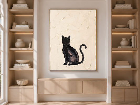 Minimalist Black Cat Wall Art, Impasto Oil Painting Print - Digital Download
