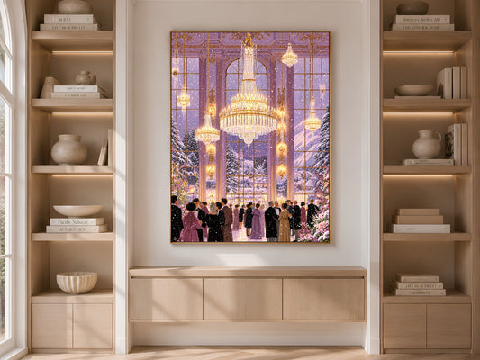 Winter Ballroom Wall Art, Lavender Chandelier Painting, Snowy Holiday Ball Print, Elegant Purple Decor, Printable Digital Download