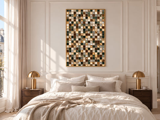 Brown and Green Mosaic Tile Wall Art Print, Earth Tone Tile Grid Painting with Gold Lines, Printable Warm Neutral Decor, Digital Download