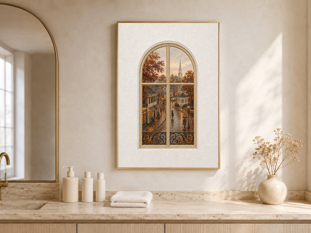 Autumn Village Window Wall Art, Rainy Main Street Church Print - Digital Download