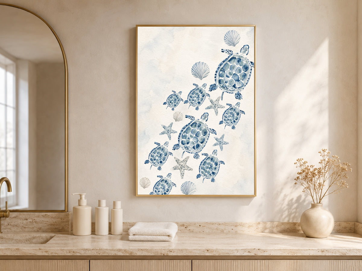 Sea Turtle Nursery Wall Art, Watercolor Blue Coastal Print - Digital Download
