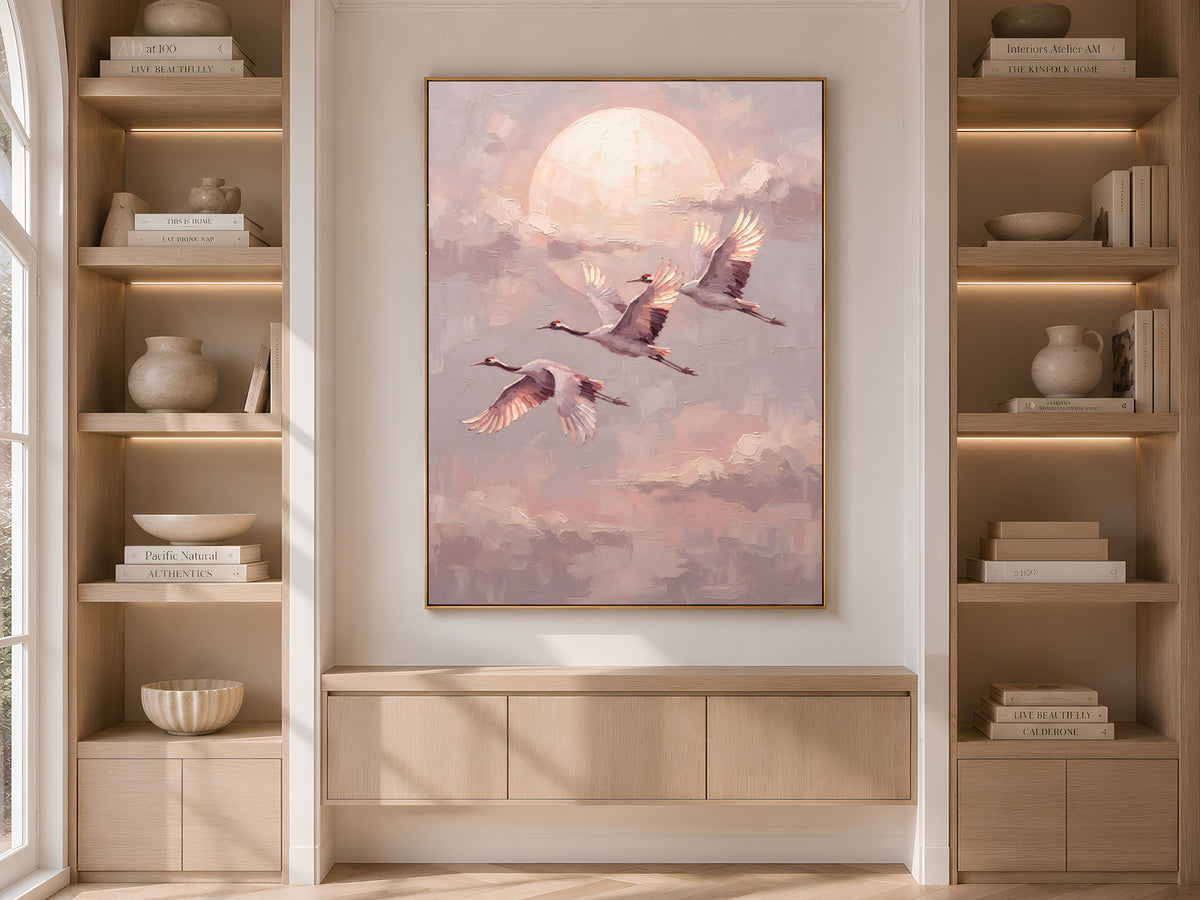 Japanese Crane Wall Art, Impasto Oil Painting Print - Digital Download