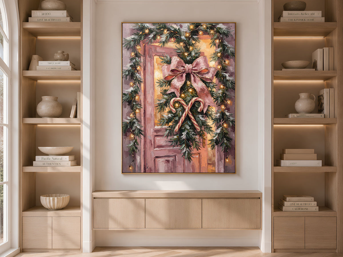 Pink Christmas Door Print, Velvet Bow Wall Art - Digital Download