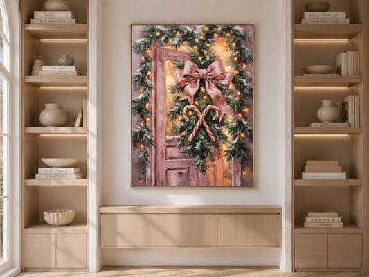 Pink Christmas Door Print, Velvet Bow Wall Art - Digital Download