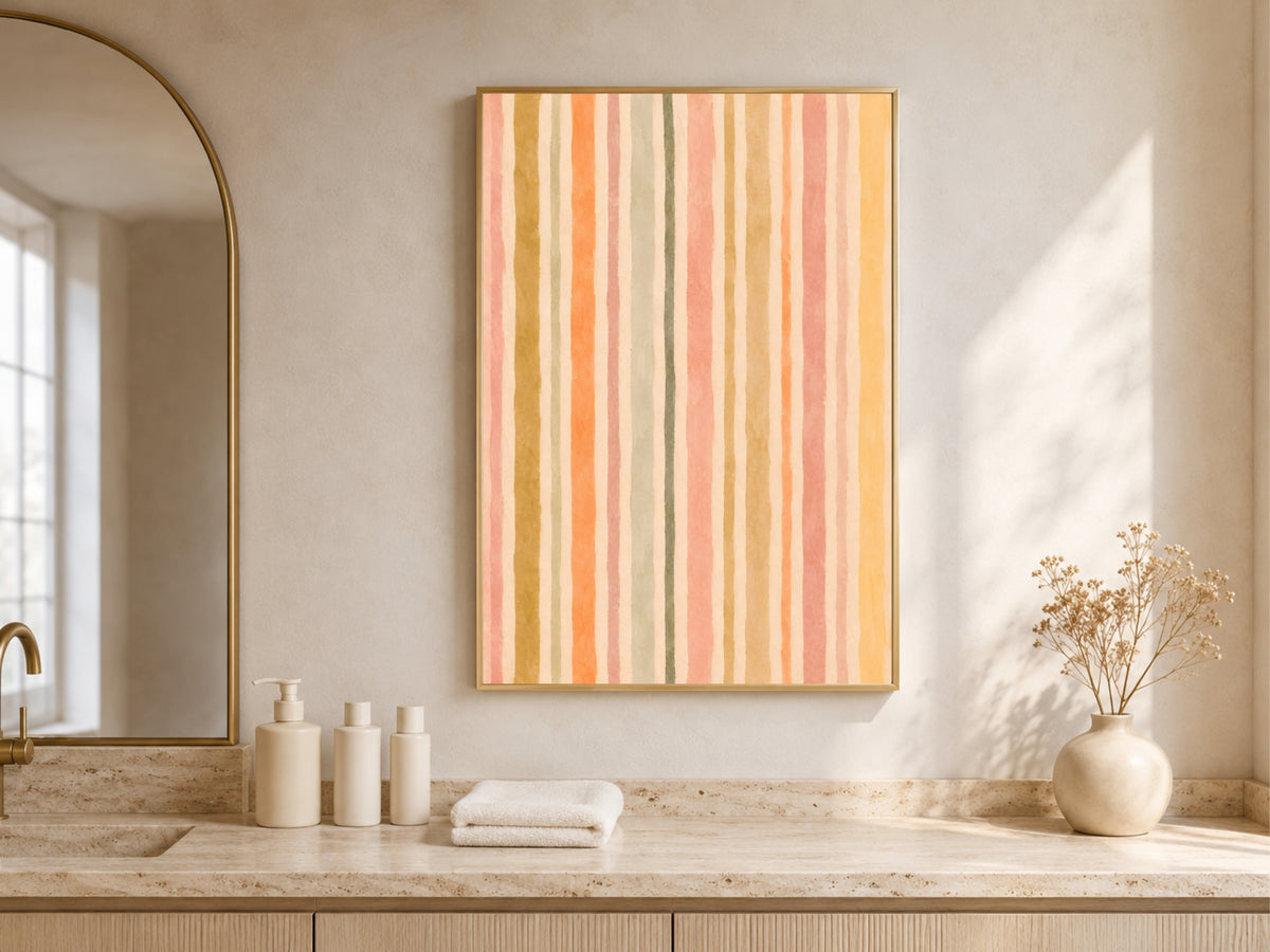 Pastel stripe wall art above a bathroom vanity