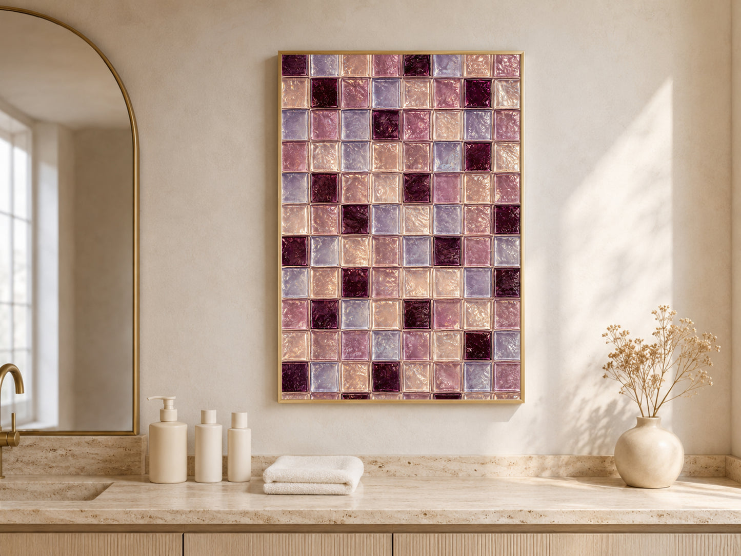 Plum and lavender tile art framed in a sunlit bathroom vanity nook