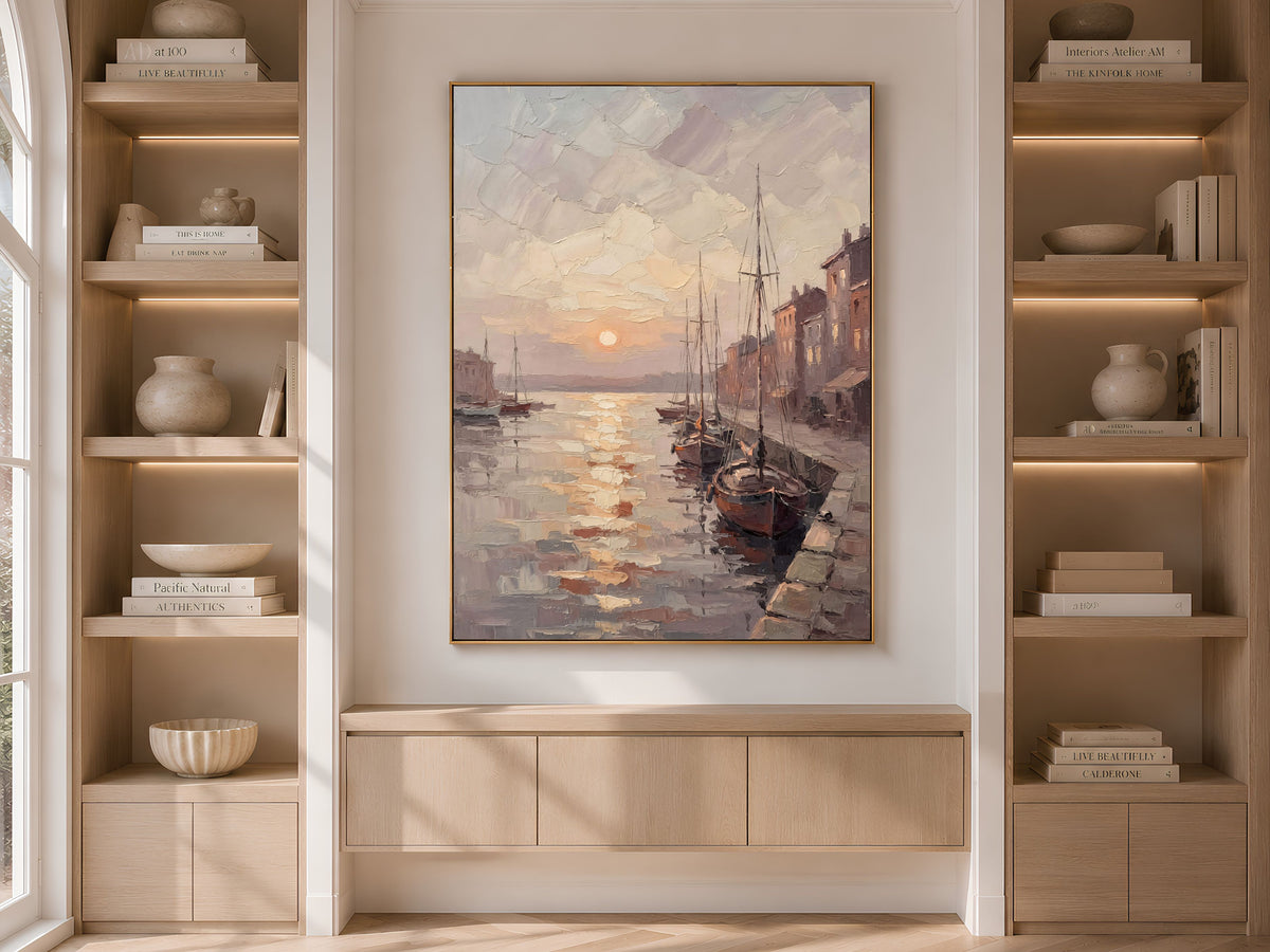 Harbor Sunset Wall Art, Impasto Oil Painting Print - Digital Download