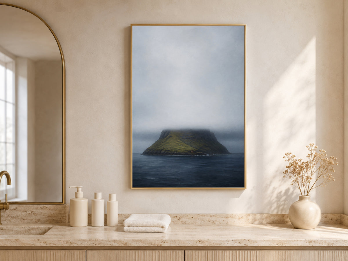 Faroe Islands wall art framed print above bathroom vanity counter