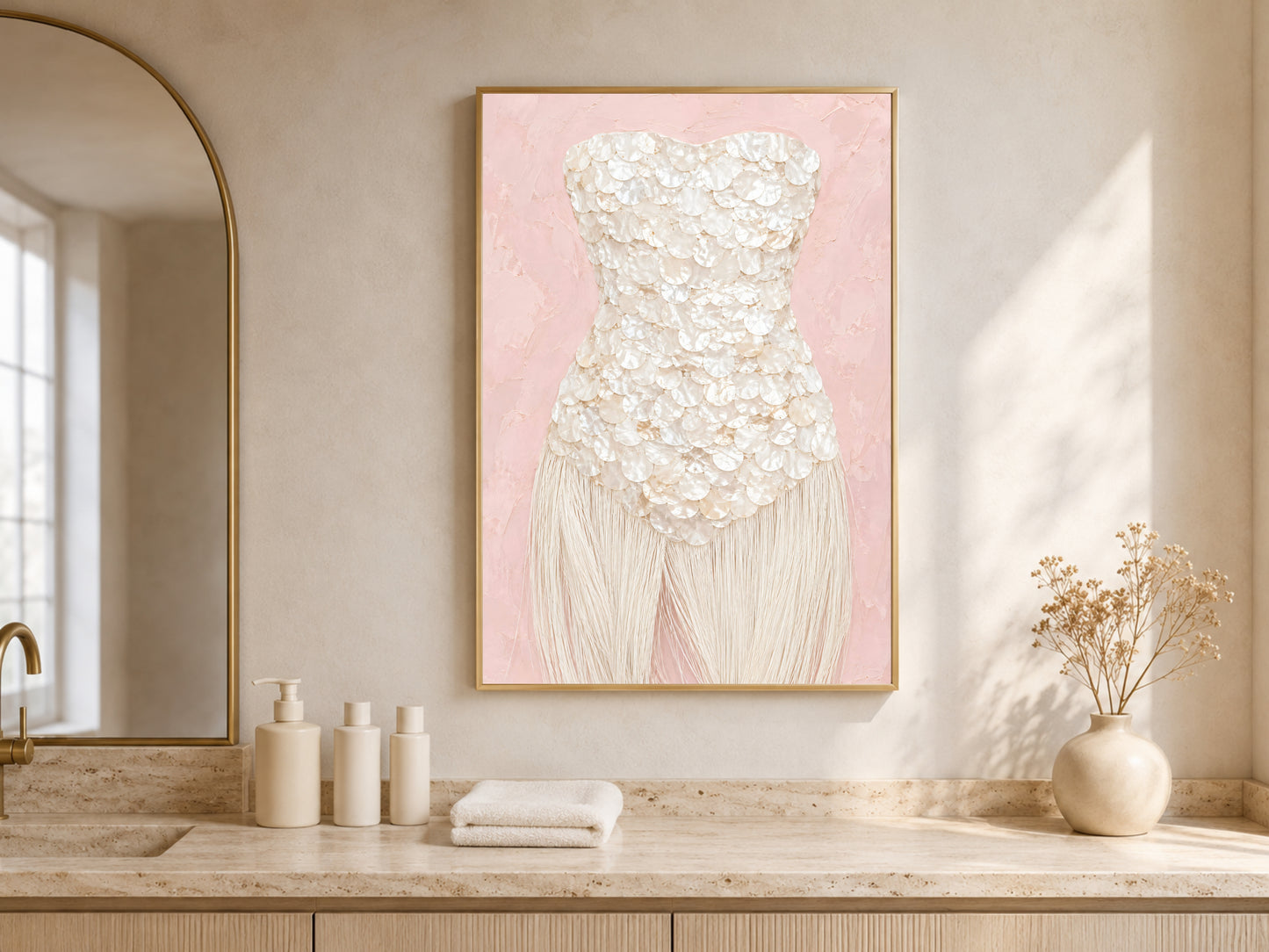 Blush pink mother of pearl wall art framed in gold, displayed in a bright, airy walk-in closet.