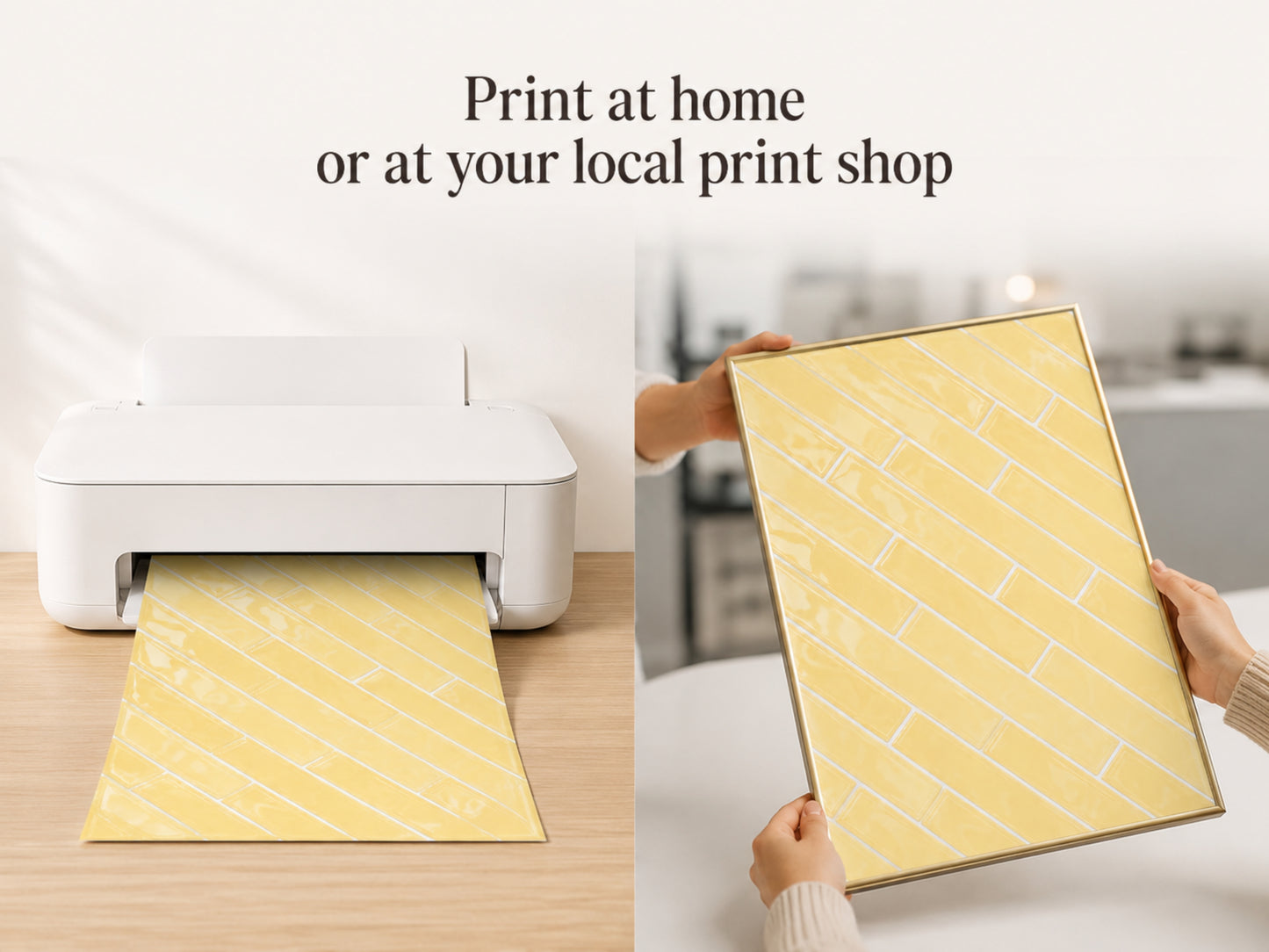 Print at home or at your local print shop lifestyle slide showing hands removing the large butter yellow tile print from a white home printer
