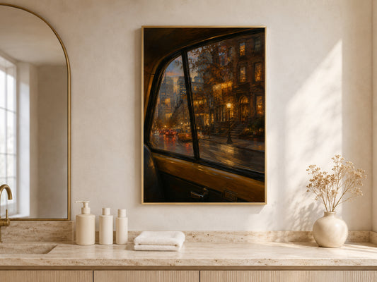 Rainy New York Night Wall Art, NYC Taxi Window Print, Moody City Painting - Digital Download