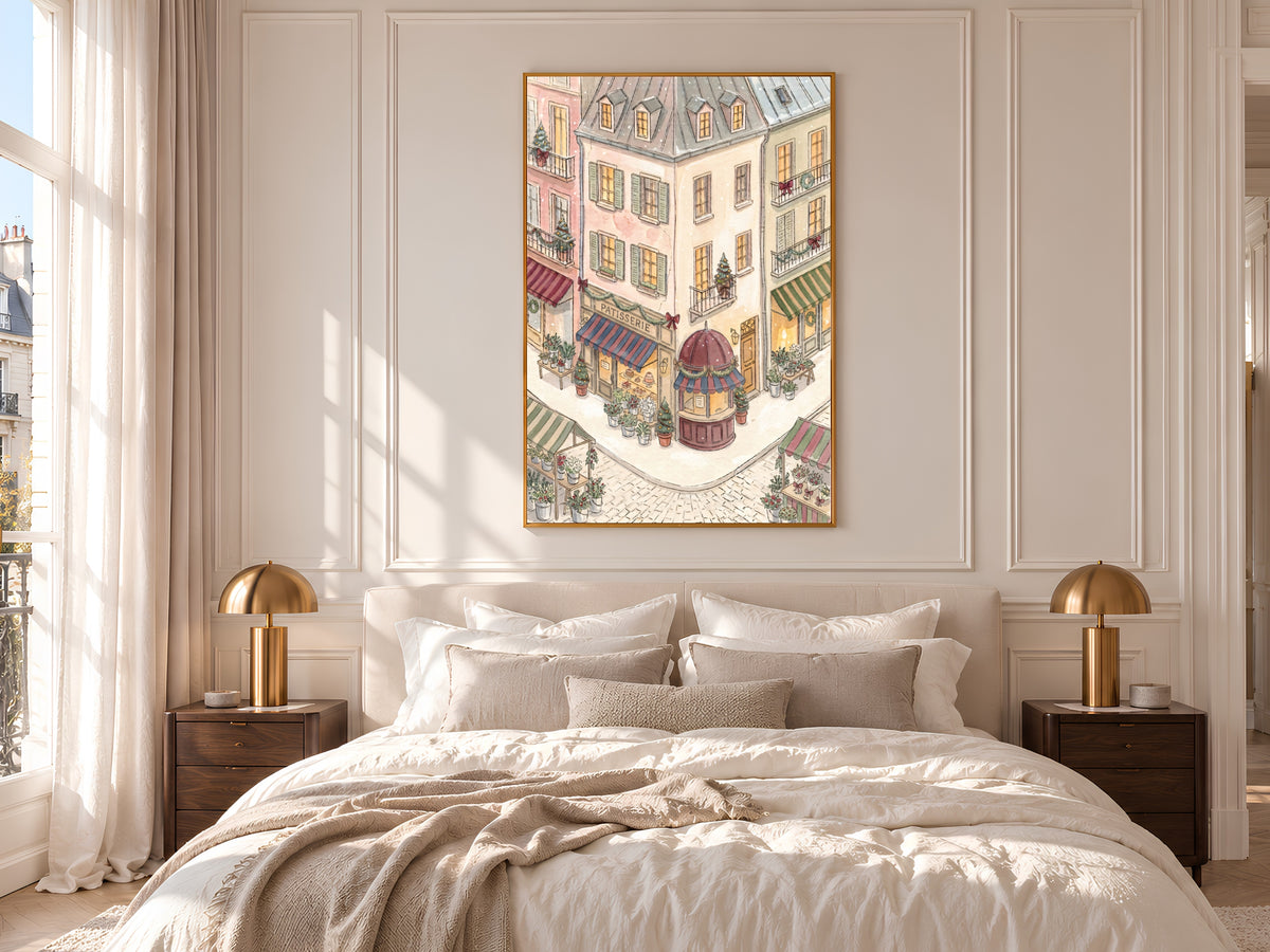 Christmas Patisserie Print, French Flower Market Watercolor, Snowy Parisian Street Art, Digital Download