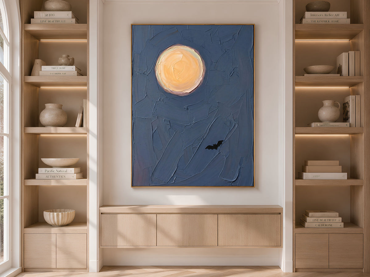 Moon and Bat Wall Art, Impasto Oil Painting Print - Digital Download