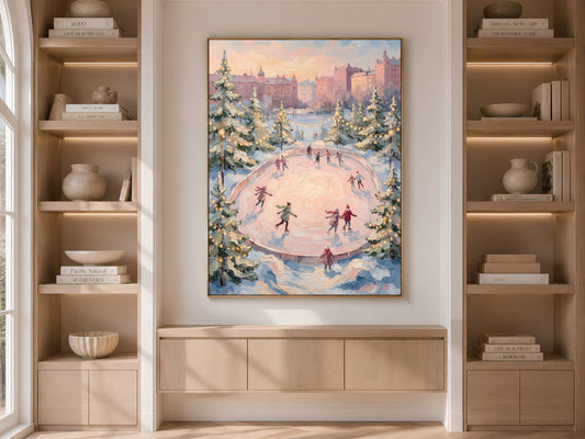 Ice Skating Rink Wall Art, Pink Sky Winter Print - Digital Download
